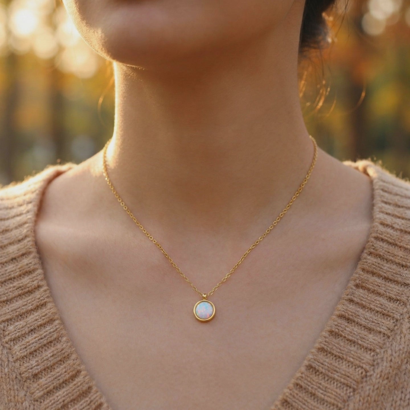 Natural opal halo solid gold necklace.