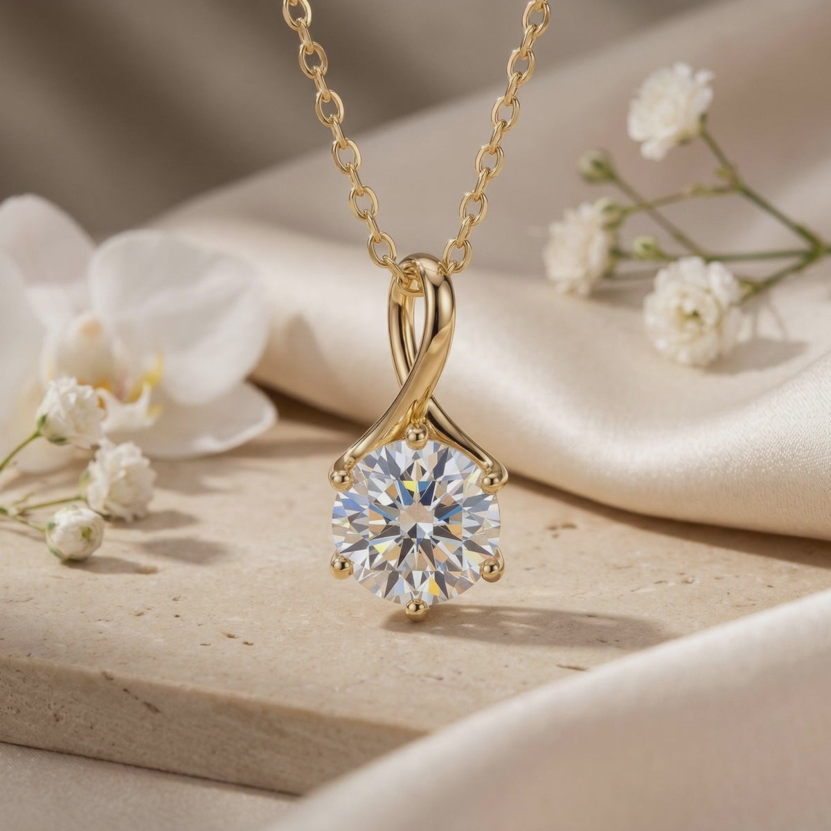 Gold-toned Lylianne necklace with a twisted loop pendant and round clear stone displayed among white flowers.