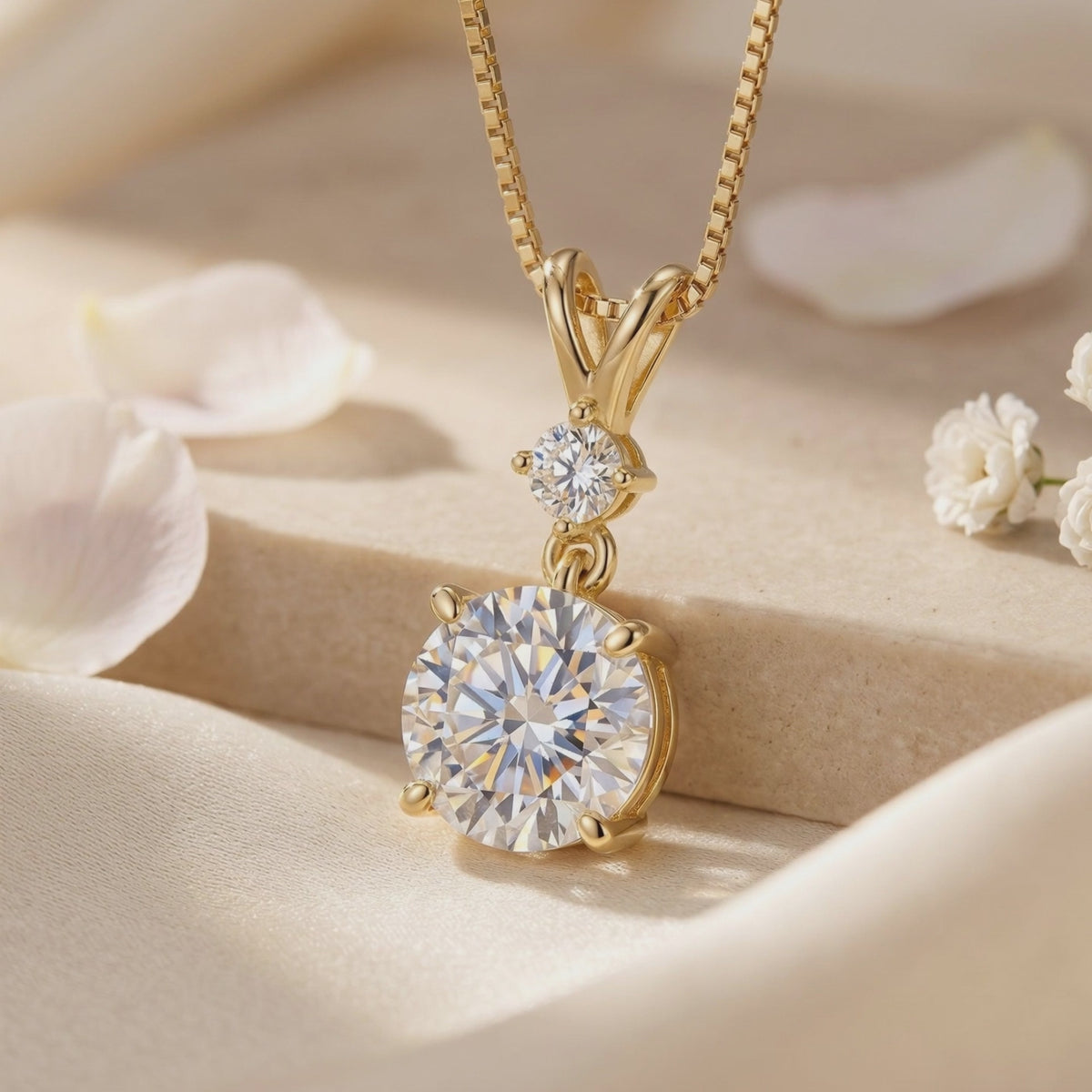 Close-up of a gold-tone pendant necklace resting on fabric, with a small round stone above a larger round moissanite.