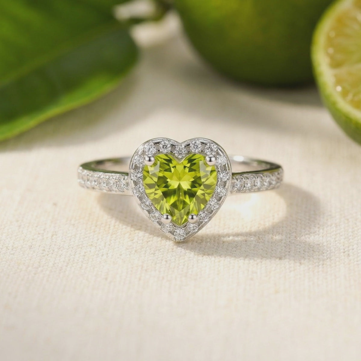 Close-up of the Elianelle heart ring in solid white gold with a green center stone and clear halo accents.
