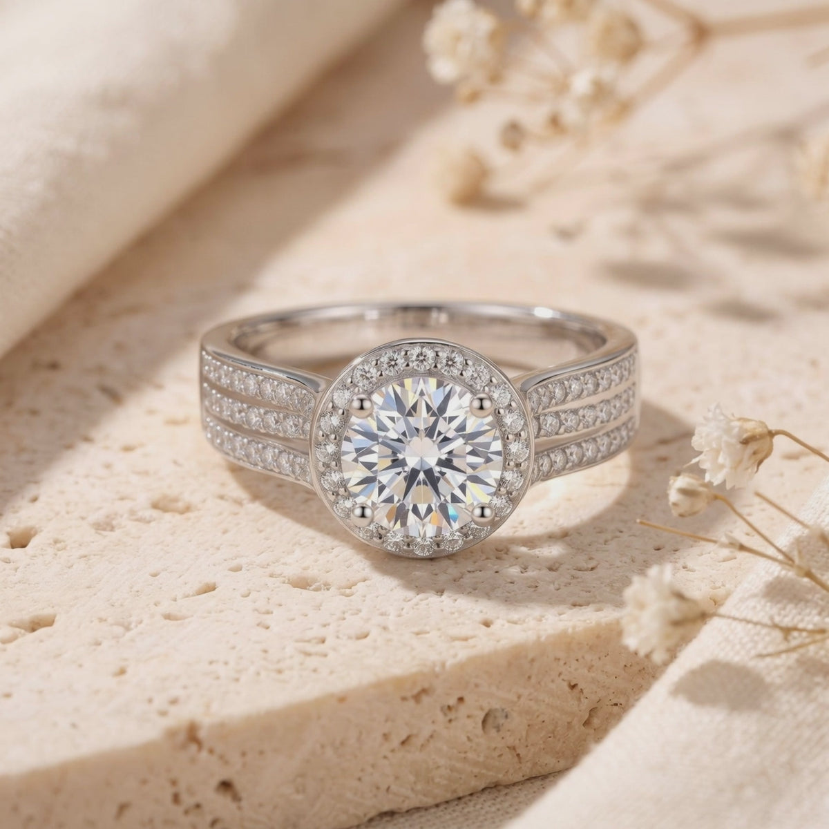 Close-up of the silver halo ring standing on a textured stone slab beside dried flowers.