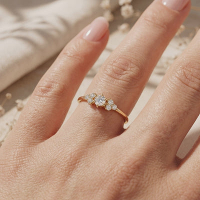 Close-up of a hand wearing a gold-toned moissanite ring with clustered accent stones.
