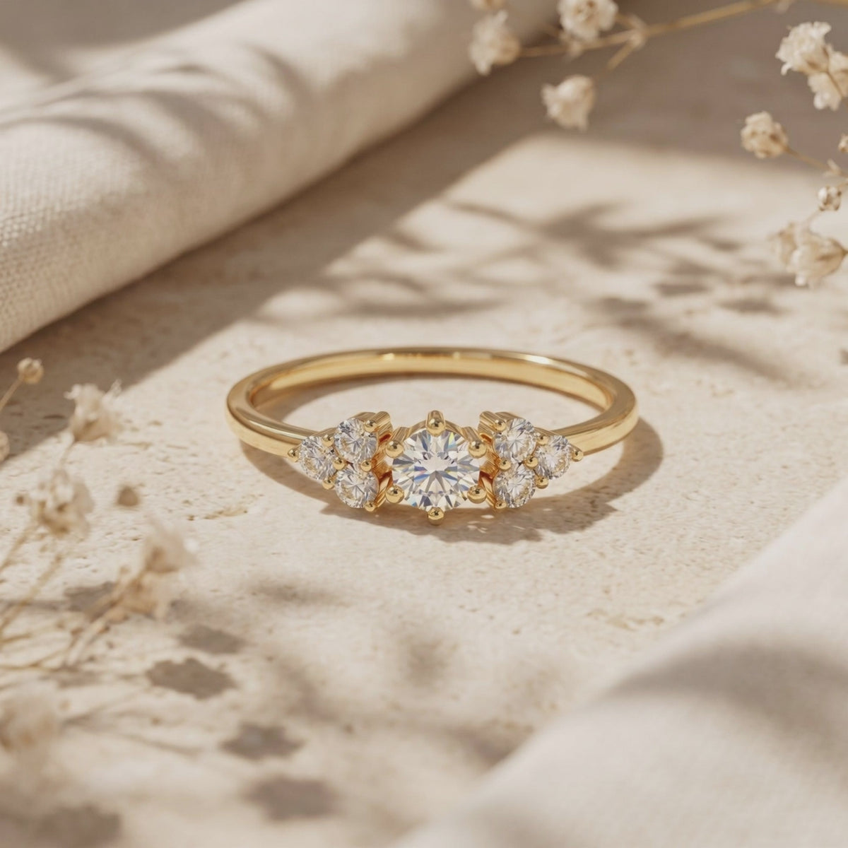 Gold-toned moissanite cluster ring resting on a textured beige surface with dried flowers.