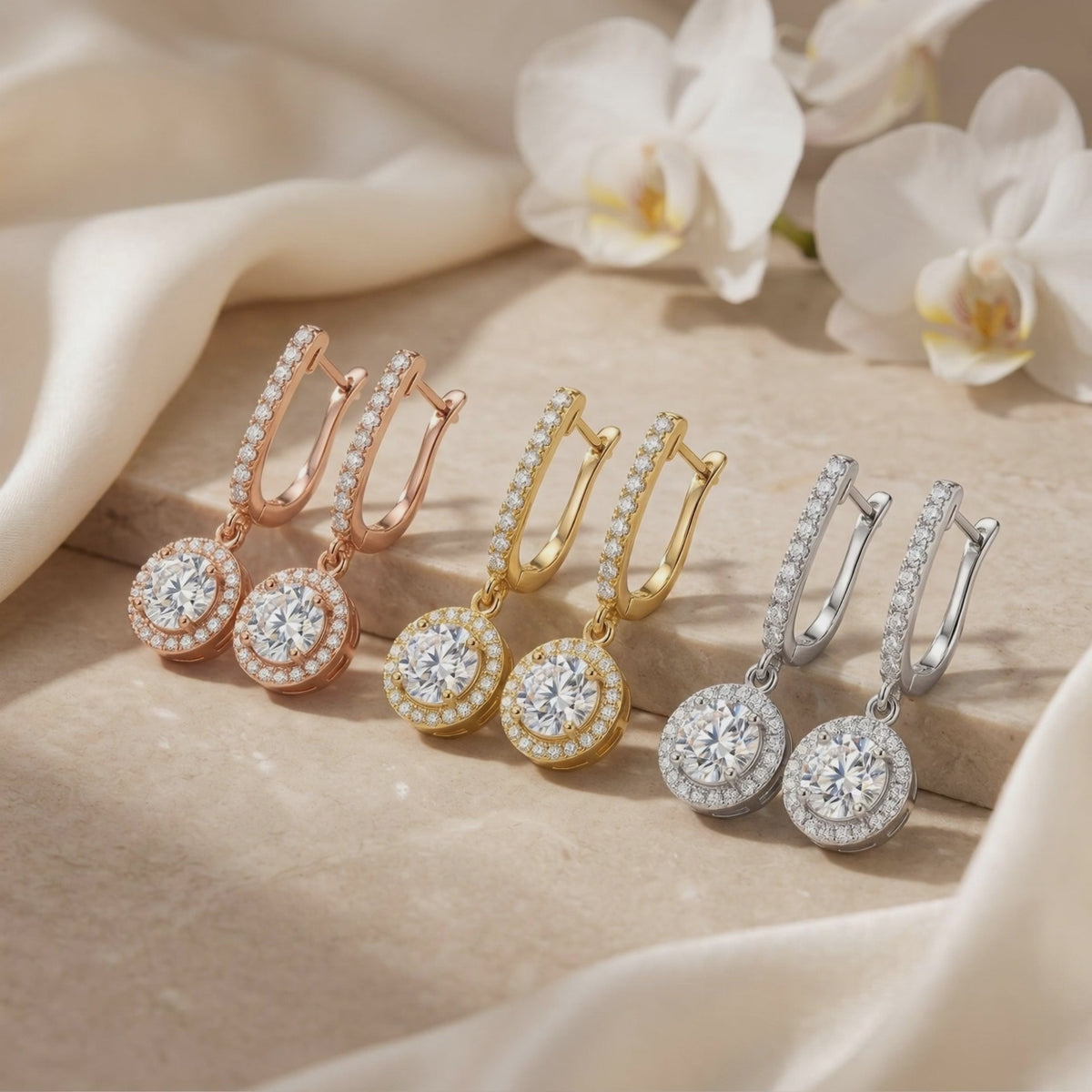 Three pairs of moissanite halo drop earrings in rose gold, yellow gold, and silver tones.