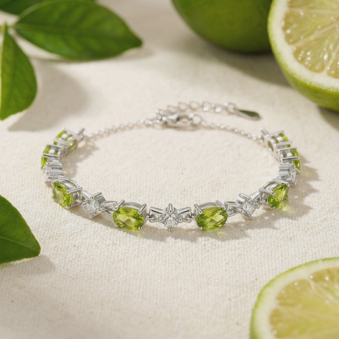 Solid gold bracelet with simulated peridot stones.