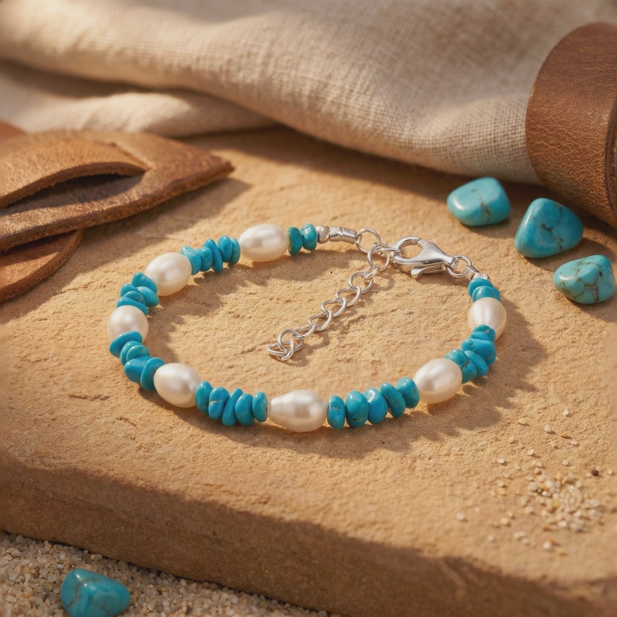 Turquoise and pearl bead bracelet arranged on a wooden slab, showing its silver lobster clasp and extender chain.
