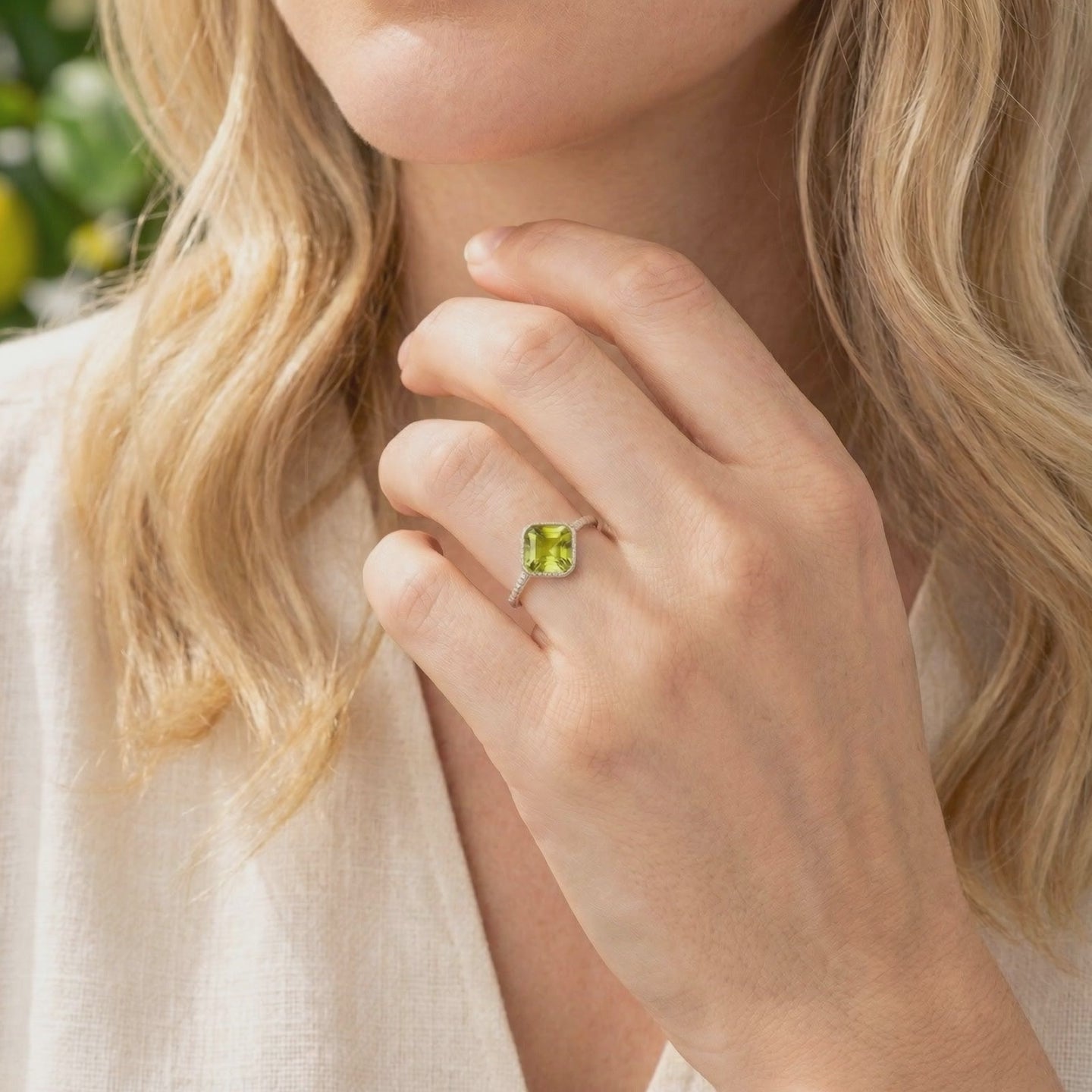 Arisala square simulated peridot ring in solid gold.