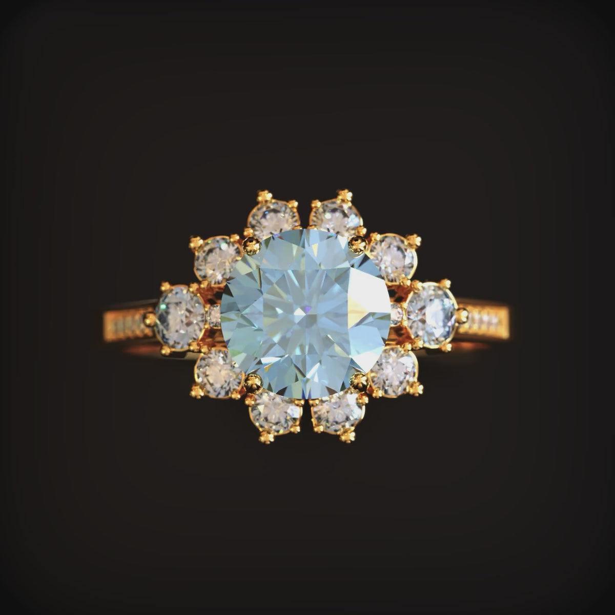 A ring with a blue moissanite center stone and halo in solid gold.