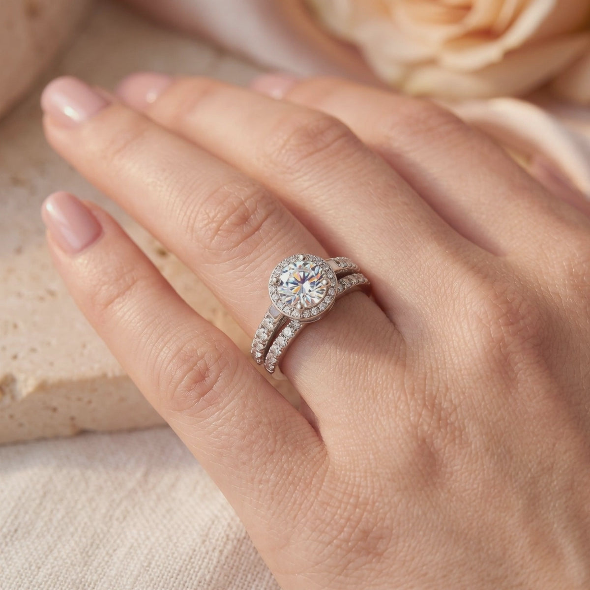 Silver halo ring set with a round center stone and pavé bands worn on a hand's ring finger.