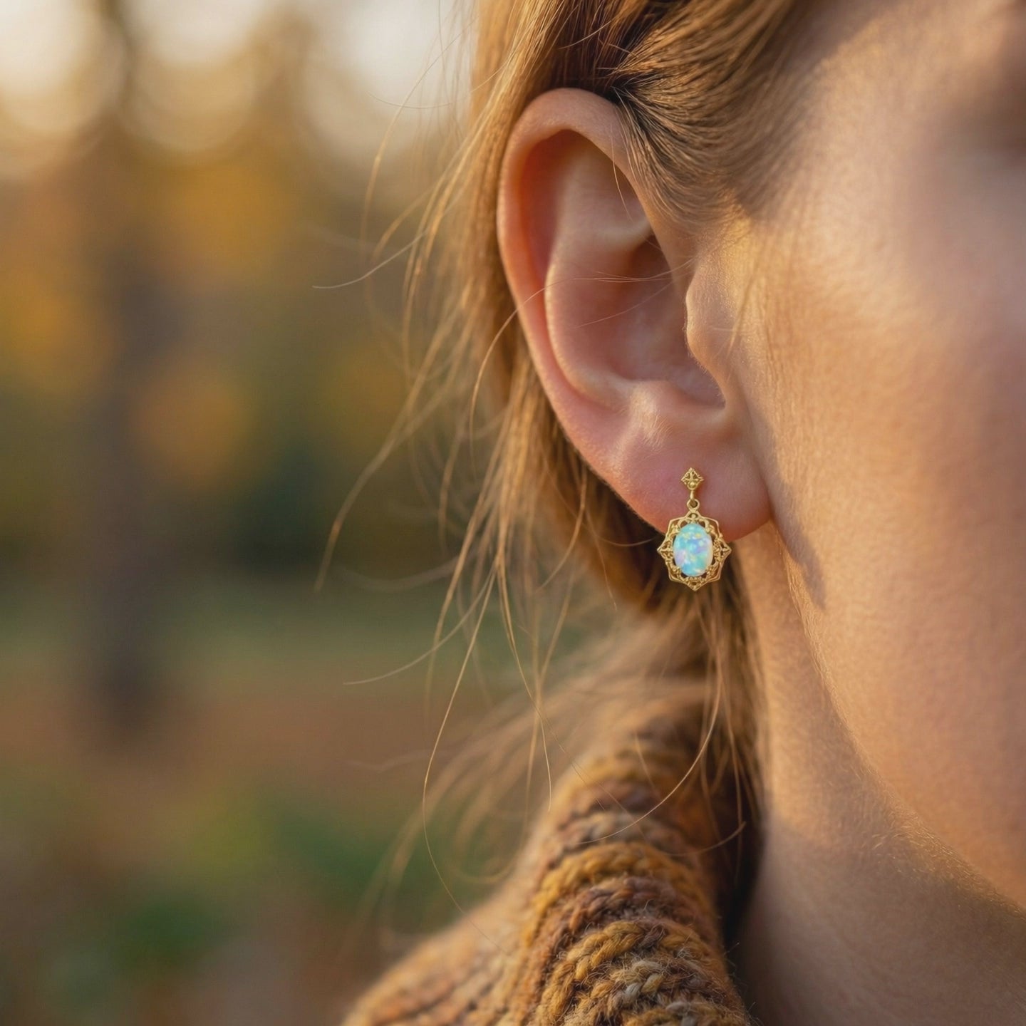 Odessia drop earrings with white opals in solid gold.