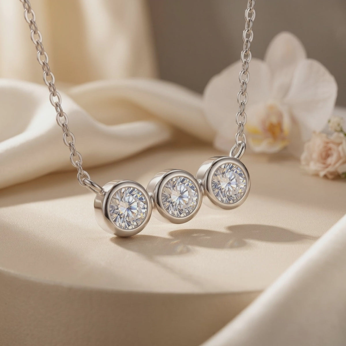 Close-up of a silver necklace with three round bezel-set moissanite stones resting on cream fabric beside flowers.