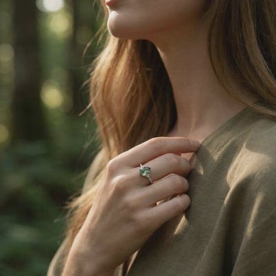Natural moss agate ring in solid white gold.