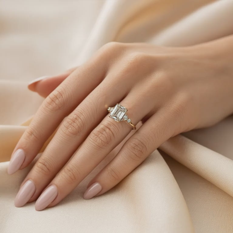 The Bella Jewel 3 carat emerald-cut moissanite ring in solid gold.