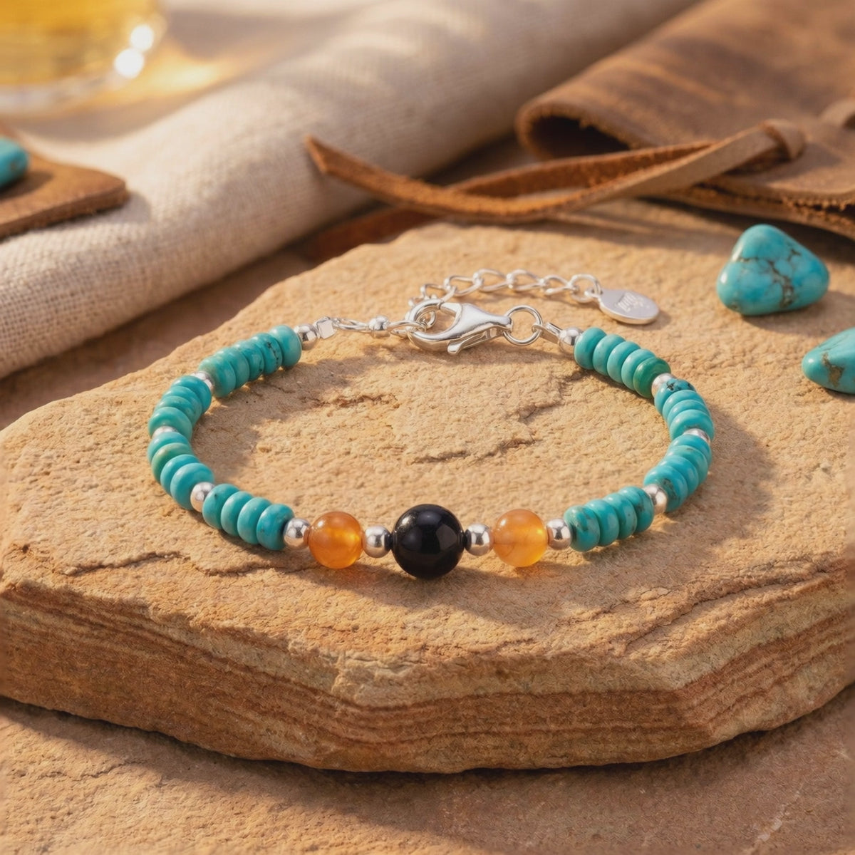 Turquoise, carnelian, and black onyx beaded bracelet displayed on a textured wooden slab with clasp and extender visible.