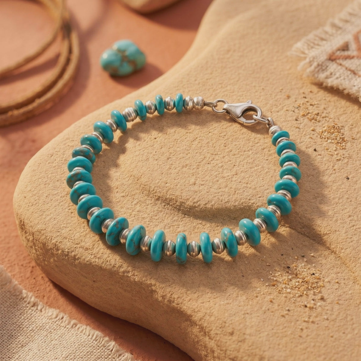 Turquoise disc-bead bracelet with silver spacers laid open on a stone surface, with lobster clasp visible