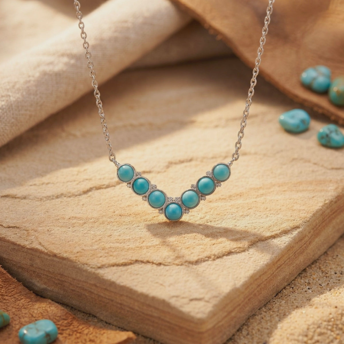 Silver necklace with turquoise stones draped over a textured wooden slab in a close-up product view.