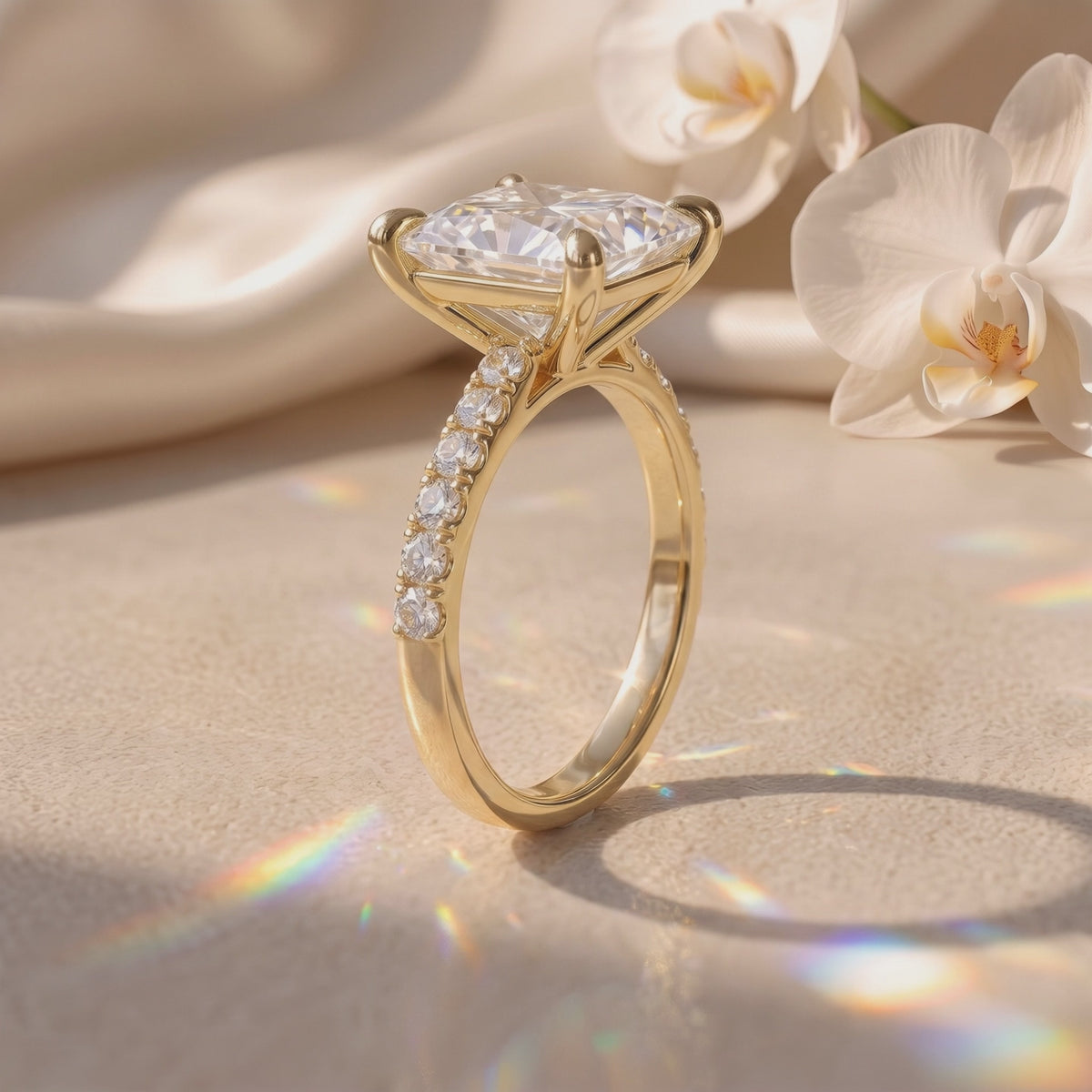Profile view of a gold-toned princess-cut ring beside white orchids.