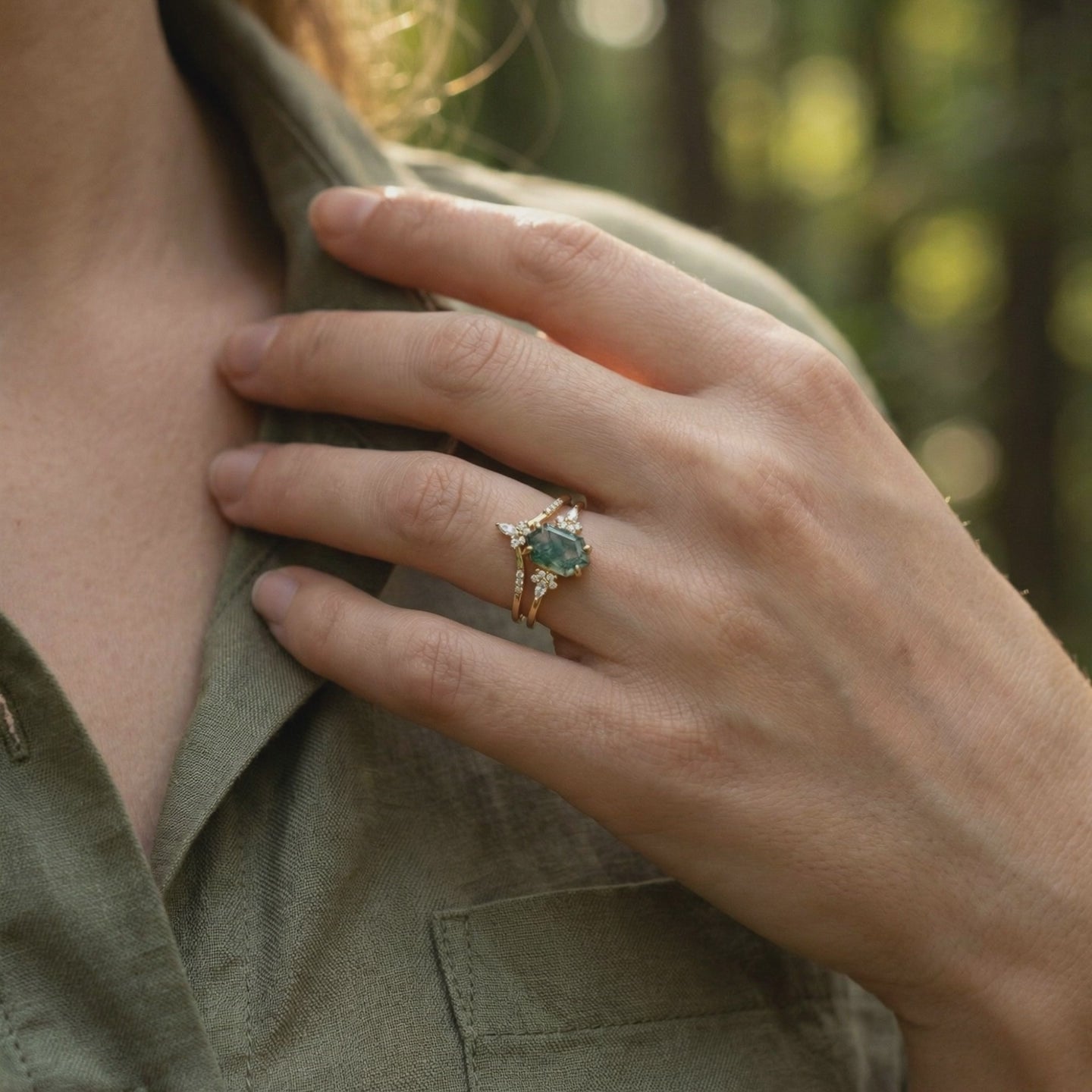 Hexagonal moss agate solid gold ring set.