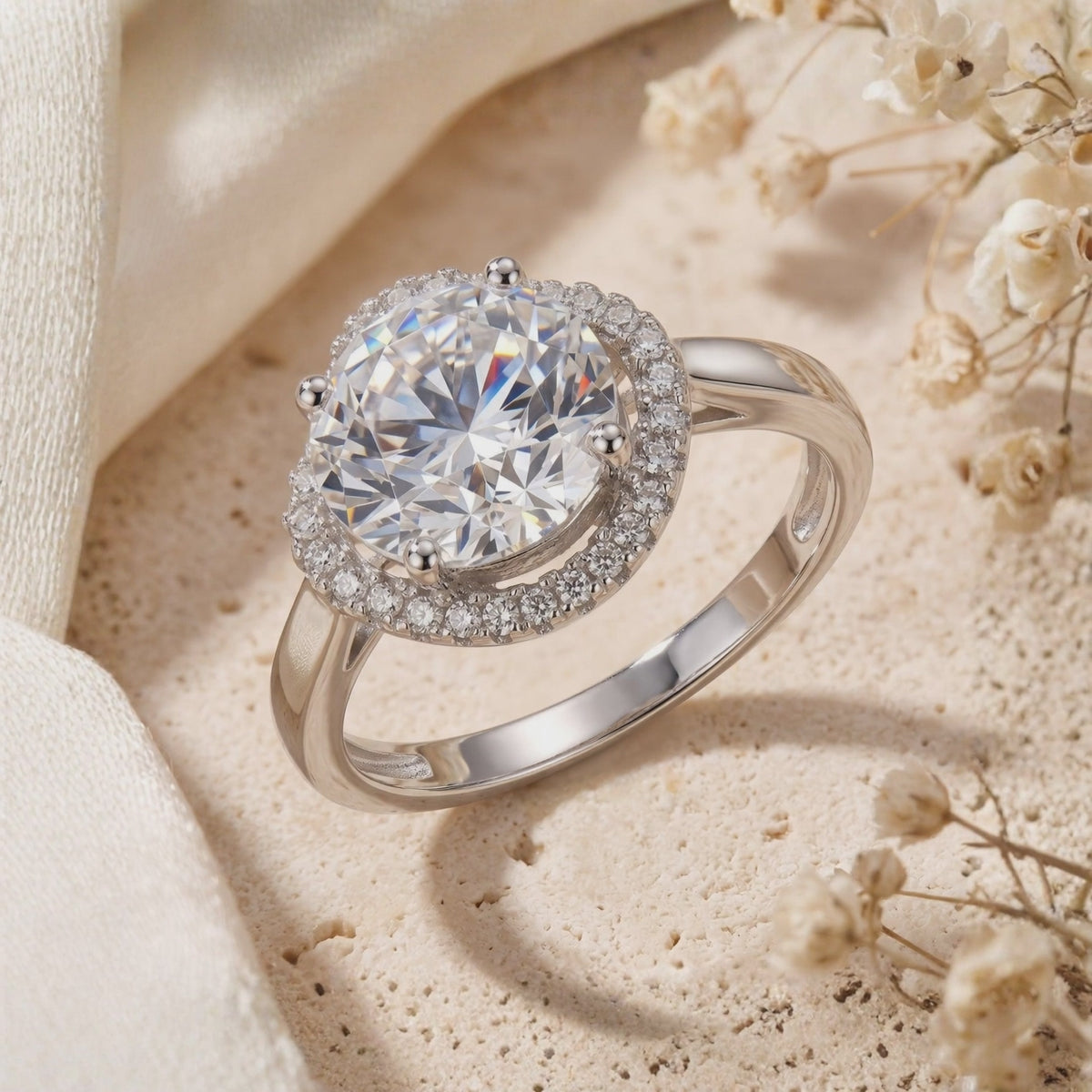 Close-up of the silver halo ring on a light textured surface beside dried flowers.