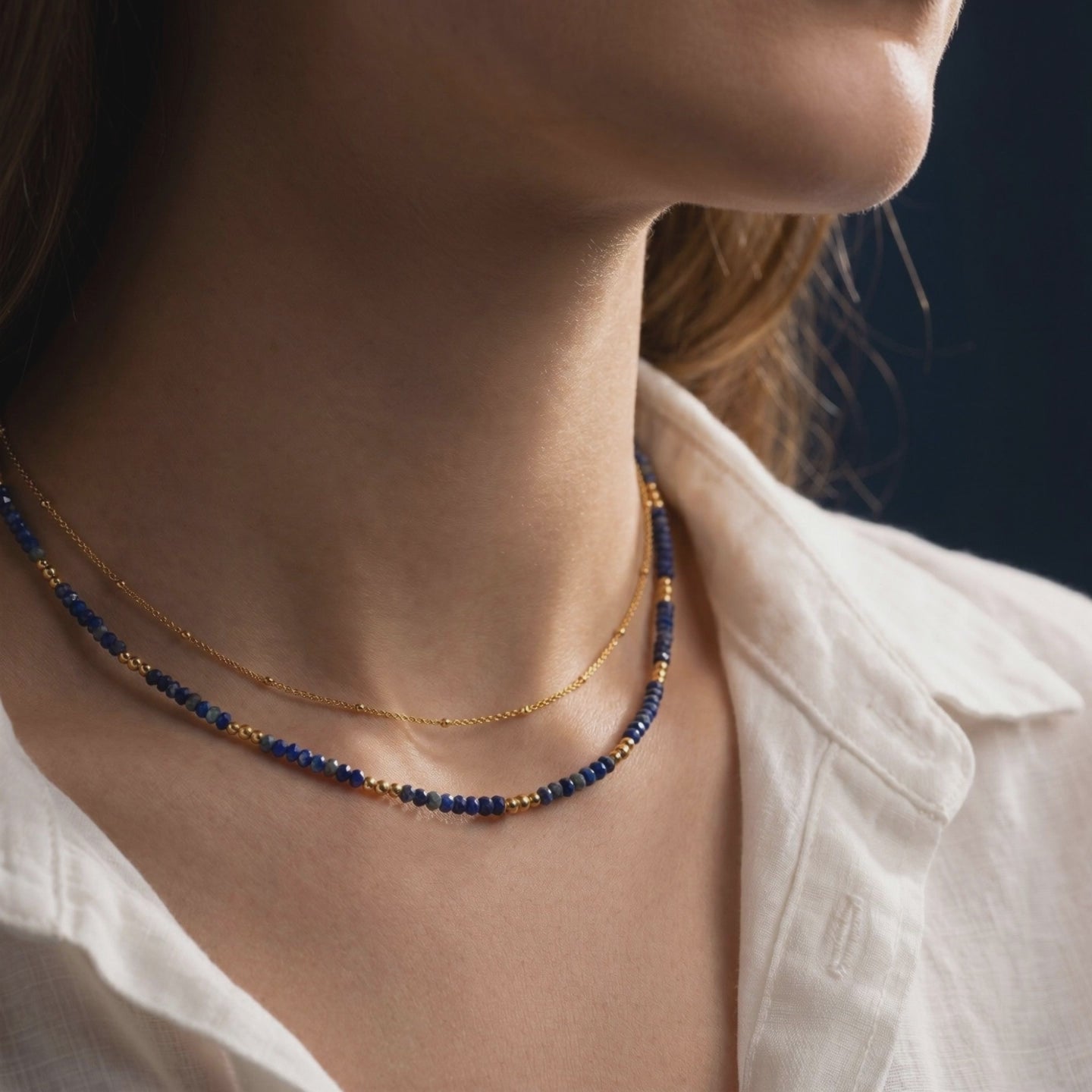 Solid gold layered Lapis Lazuli bead necklace.