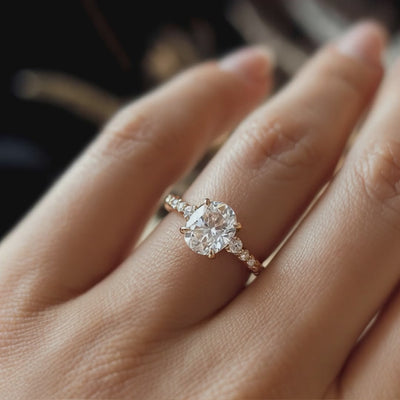 The Luna ring with a 2-carat oval moissanite in solid gold.