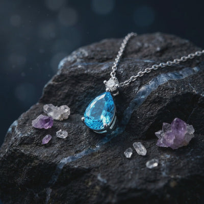 A solid gold necklace with a Swiss Blue topaz gemstone.