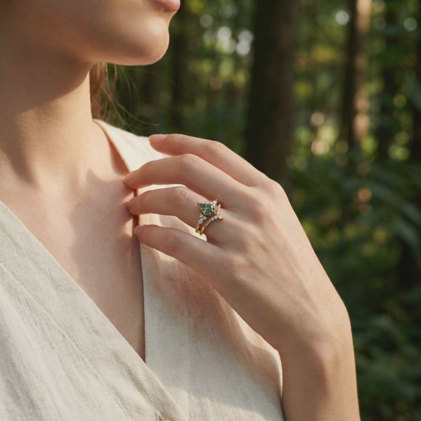 Natural moss agate duo band ring set in solid white gold.