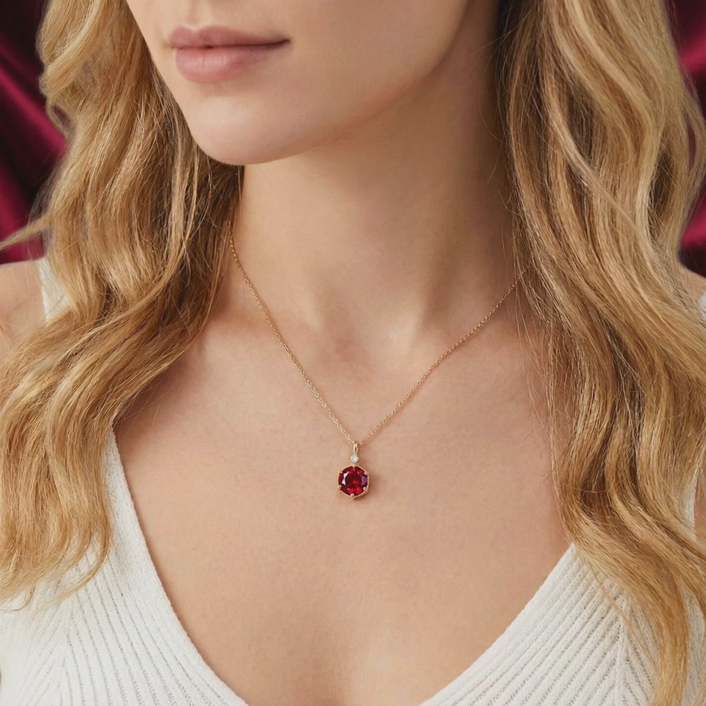Solid gold necklace with hexagonal simulated ruby pendant.