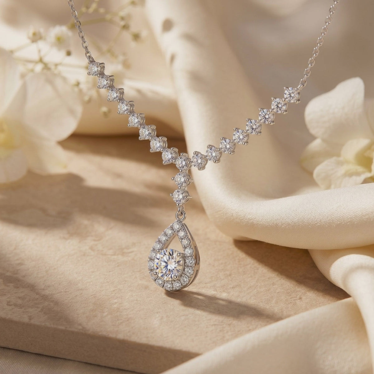 Close-up of a silver moissanite teardrop pendant necklace displayed on cream fabric and a beige stone surface