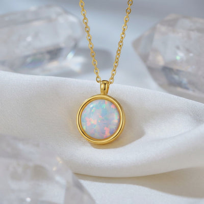 Natural opal halo solid gold necklace.