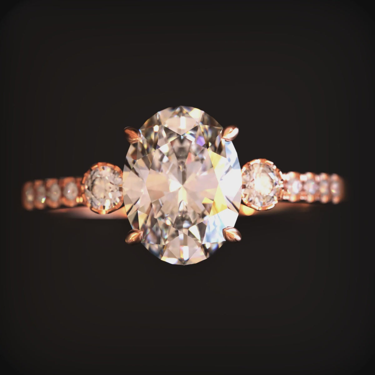 A 2 carat oval moissanite ring crafted in solid gold with a simulated diamond eternity band.