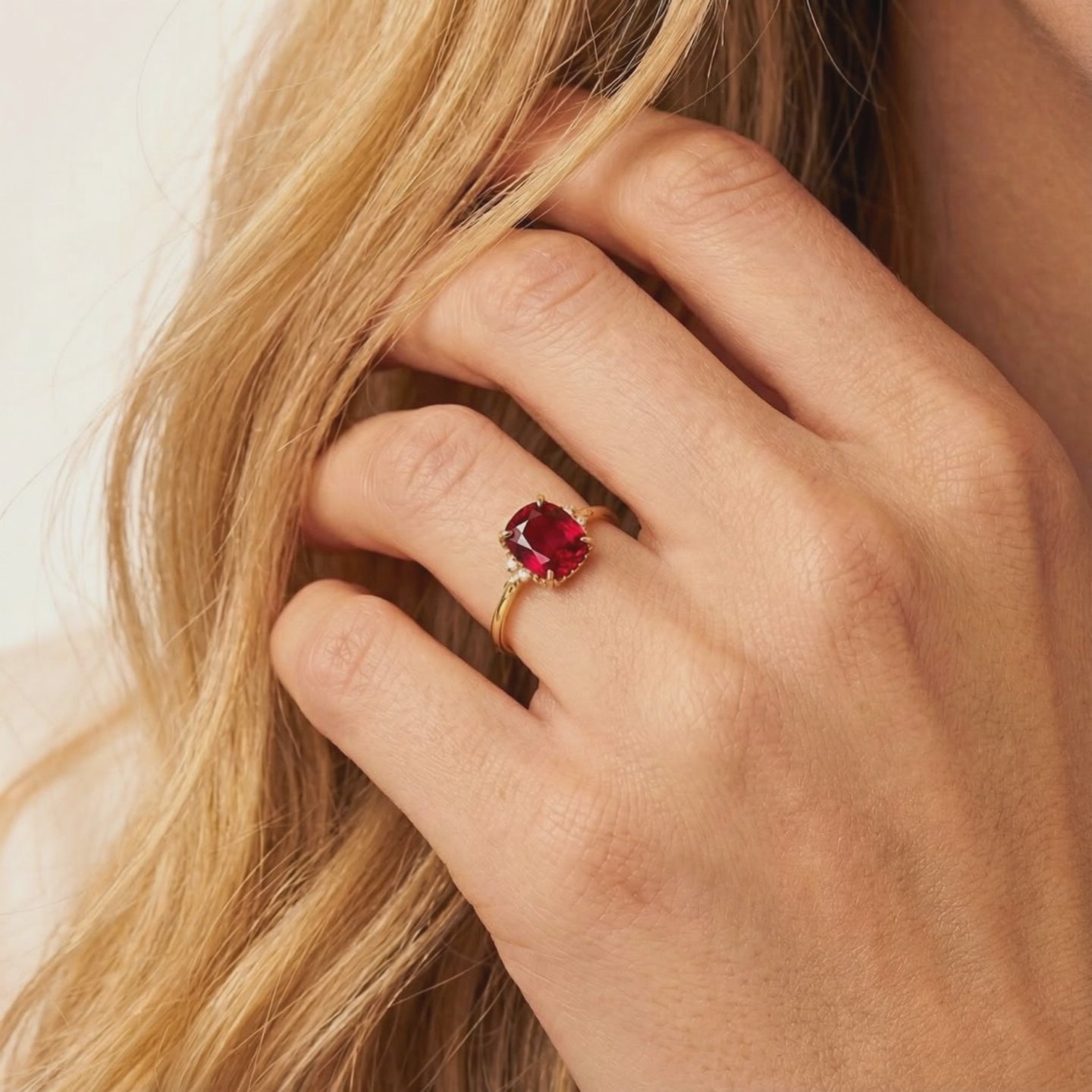 Simulated ruby solid gold ring.