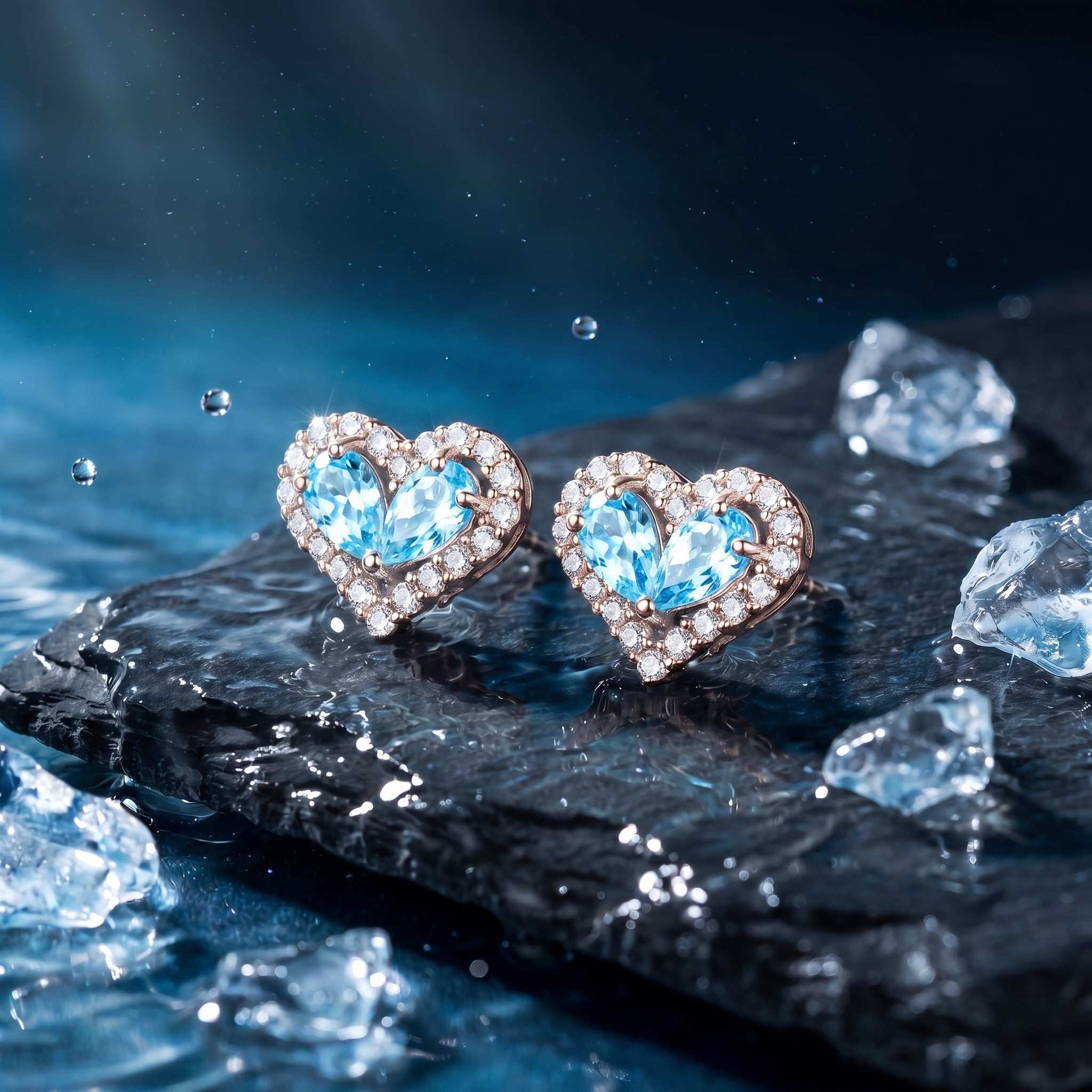 Heart-shaped natural aquamarine halo drop earrings in solid rose gold.