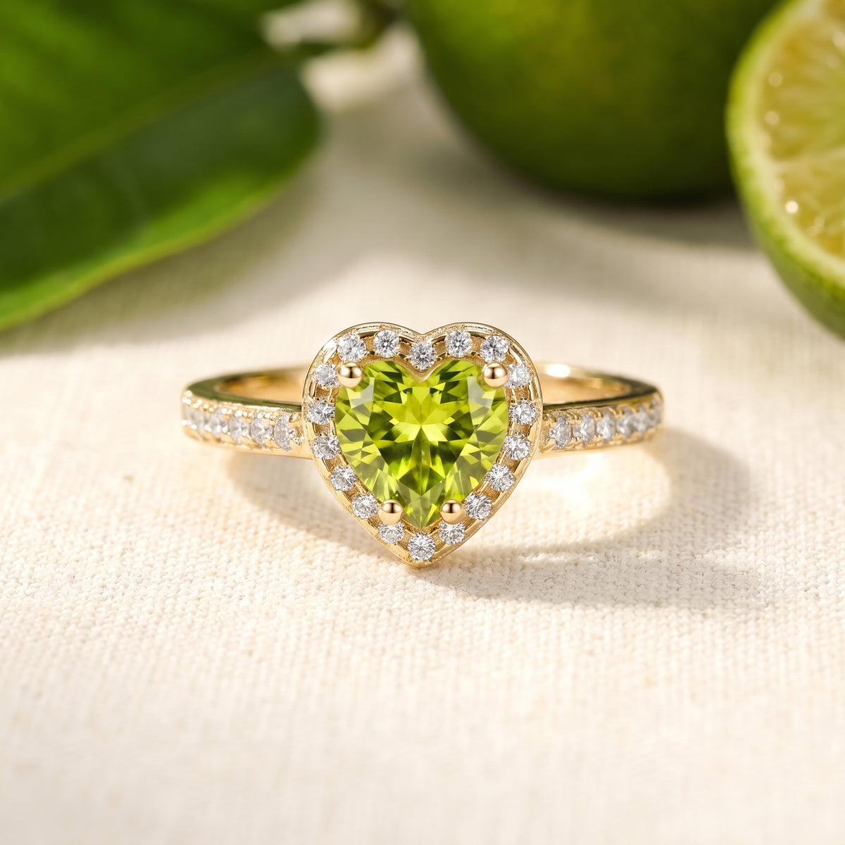 Elianelle heart-cut simulated peridot ring in solid white gold.