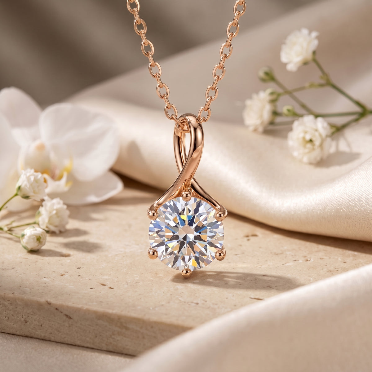 The Lylianne Moissanite Pendant Necklace in solid rose gold.