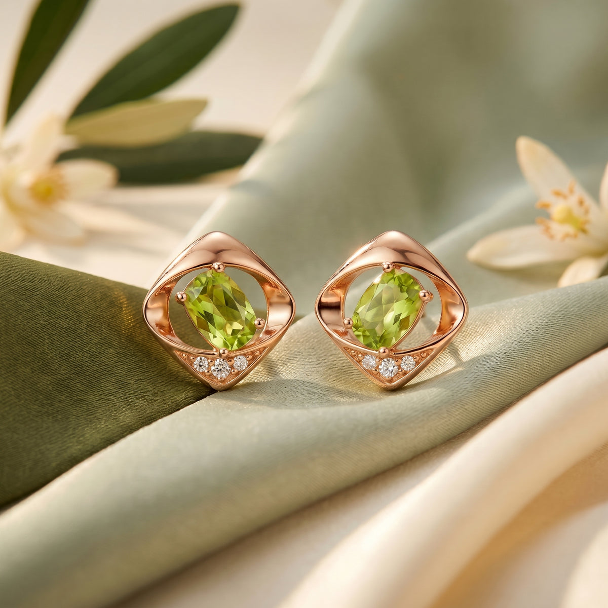 Peridot Oval Stud Earrings in 10K, 14K, or 18K Solid Rose Gold.
