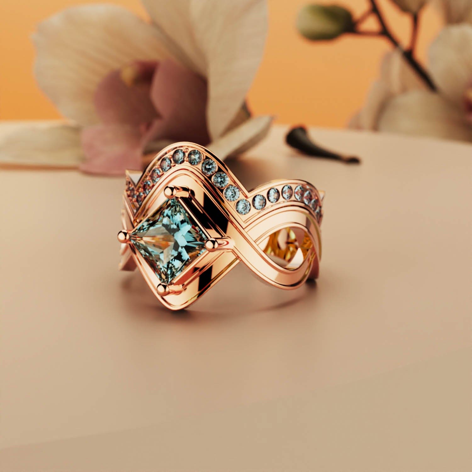 Aqua Elegance: Bague 2 Pièces Taille Princesse - Vermeil Or Rose 18K