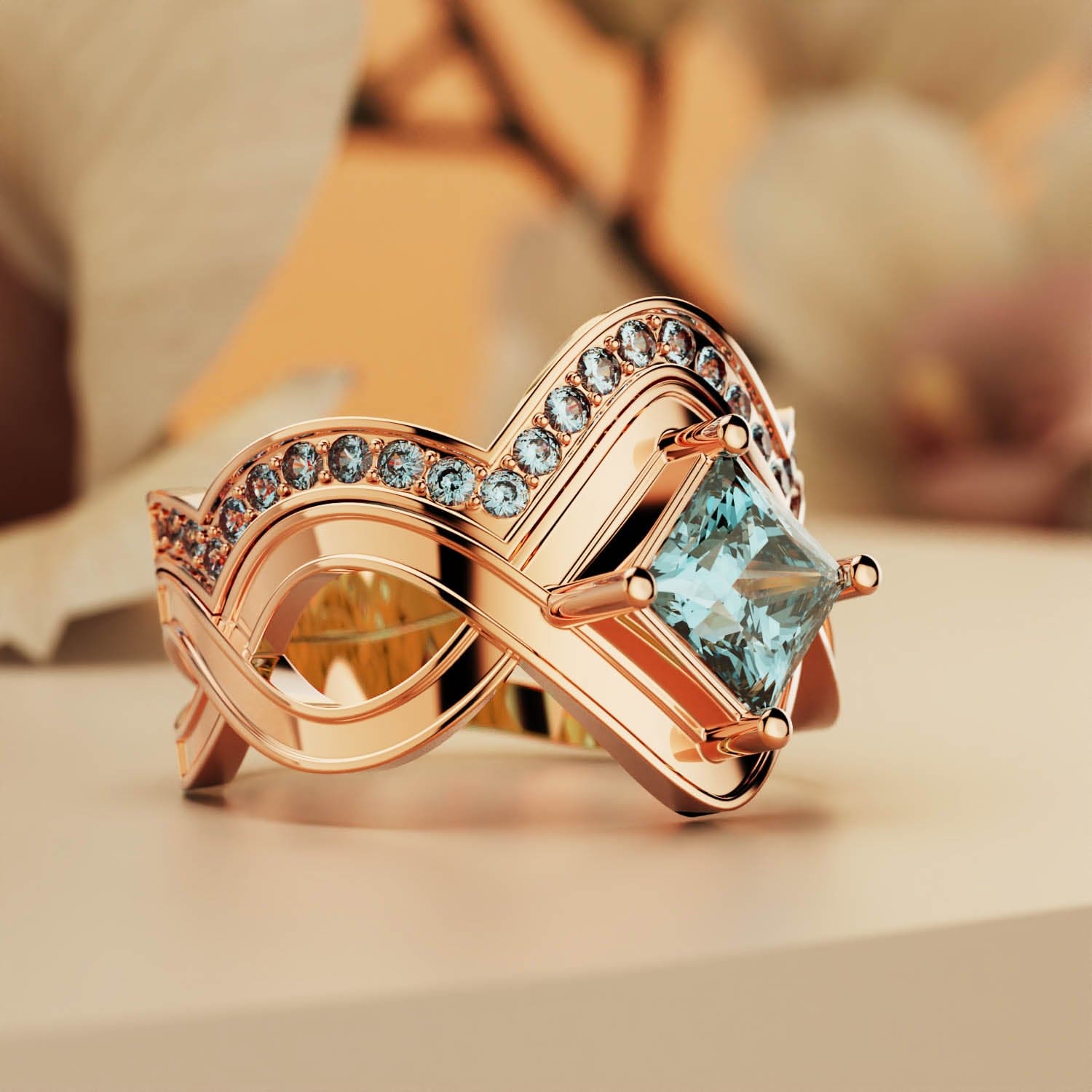 Aqua Elegance: Bague 2 Pièces Taille Princesse - Vermeil Or Rose 18K