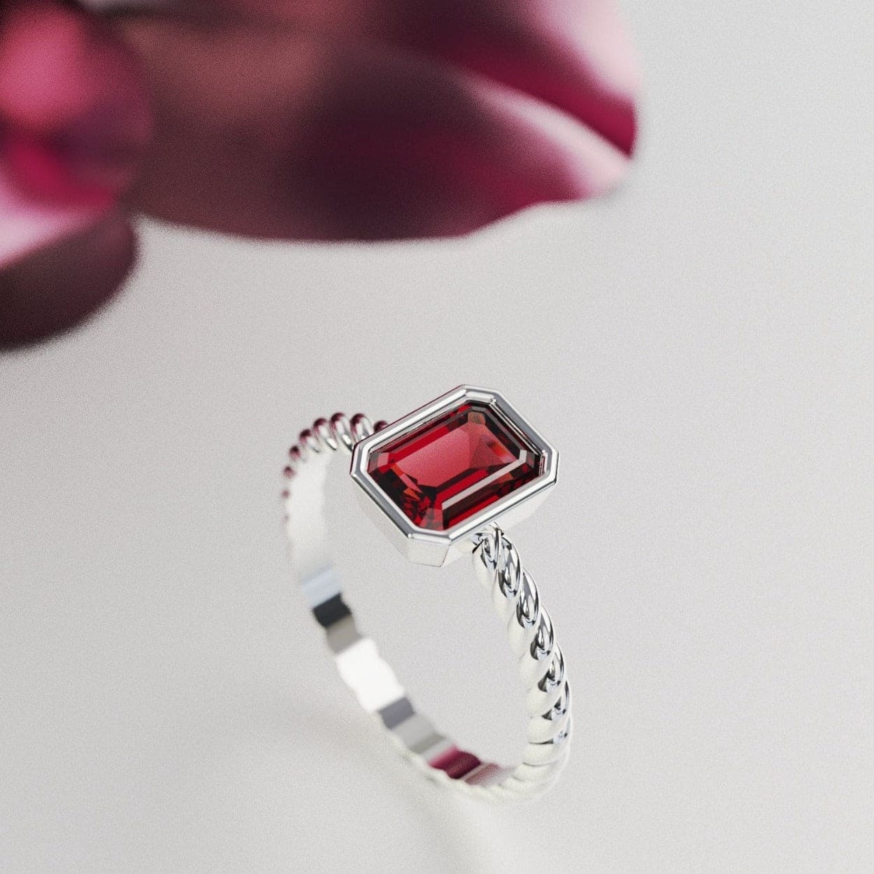 La Solitaire : Bague Rubis Taille Émeraude - Argent Sterling S925