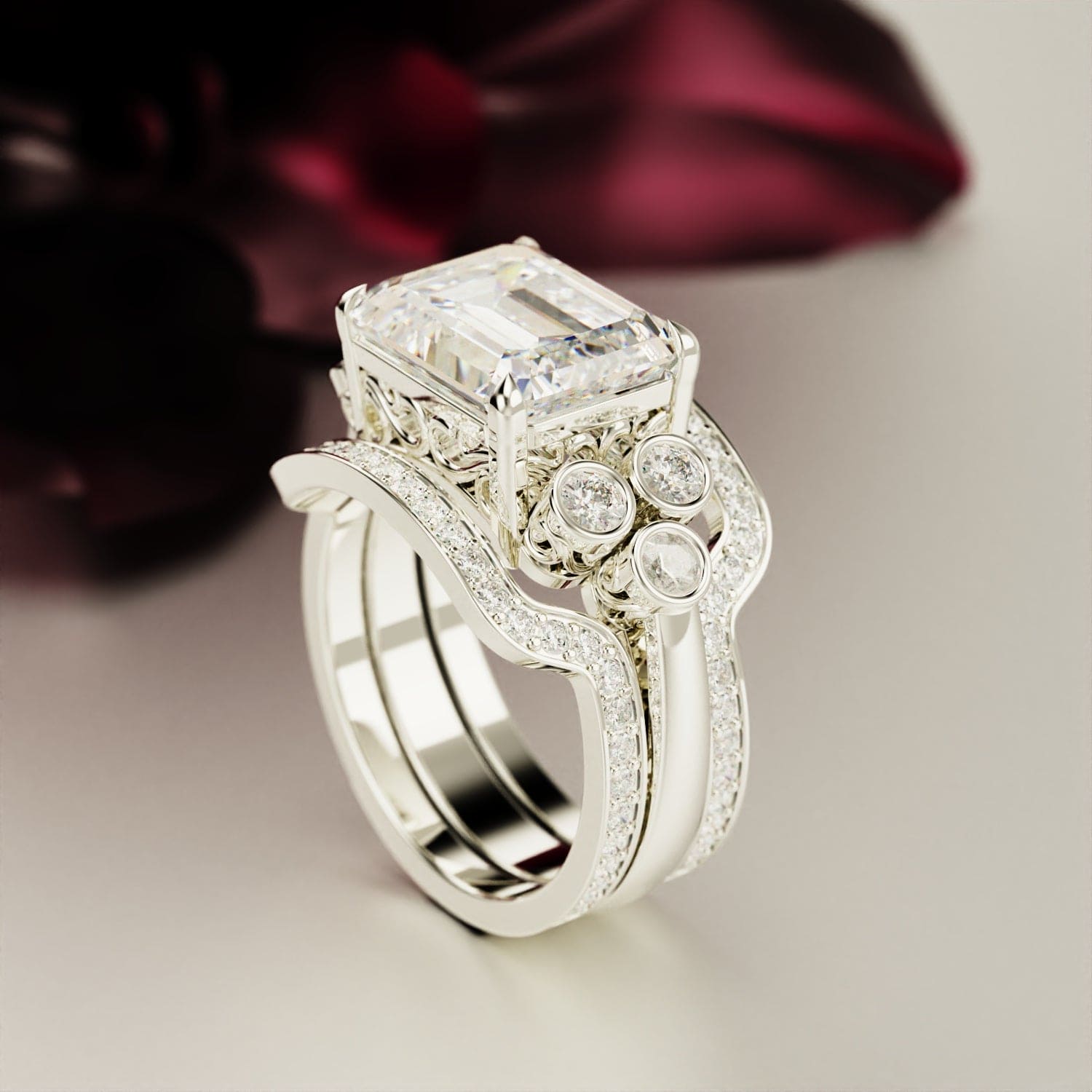 Amour Éternel : Ensemble Bague Diamant Taille Émeraude - Argent Sterling S925