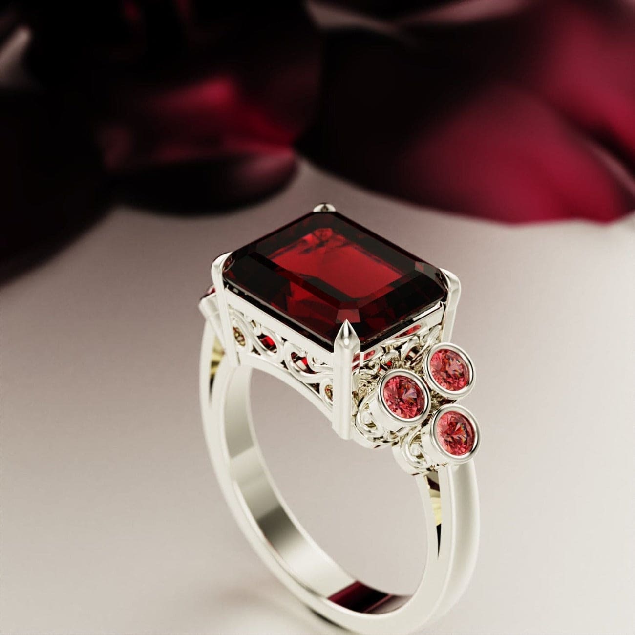 Amour Pourpre : Bague Rubis Taille Émeraude - Argent Sterling S925