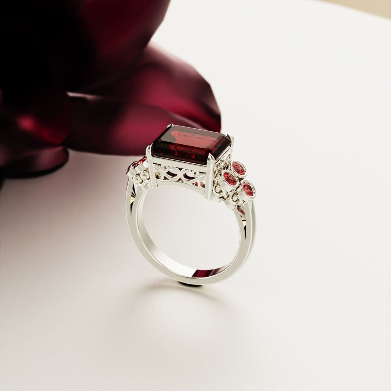 Amour Pourpre : Bague Rubis Taille Émeraude - Argent Sterling S925