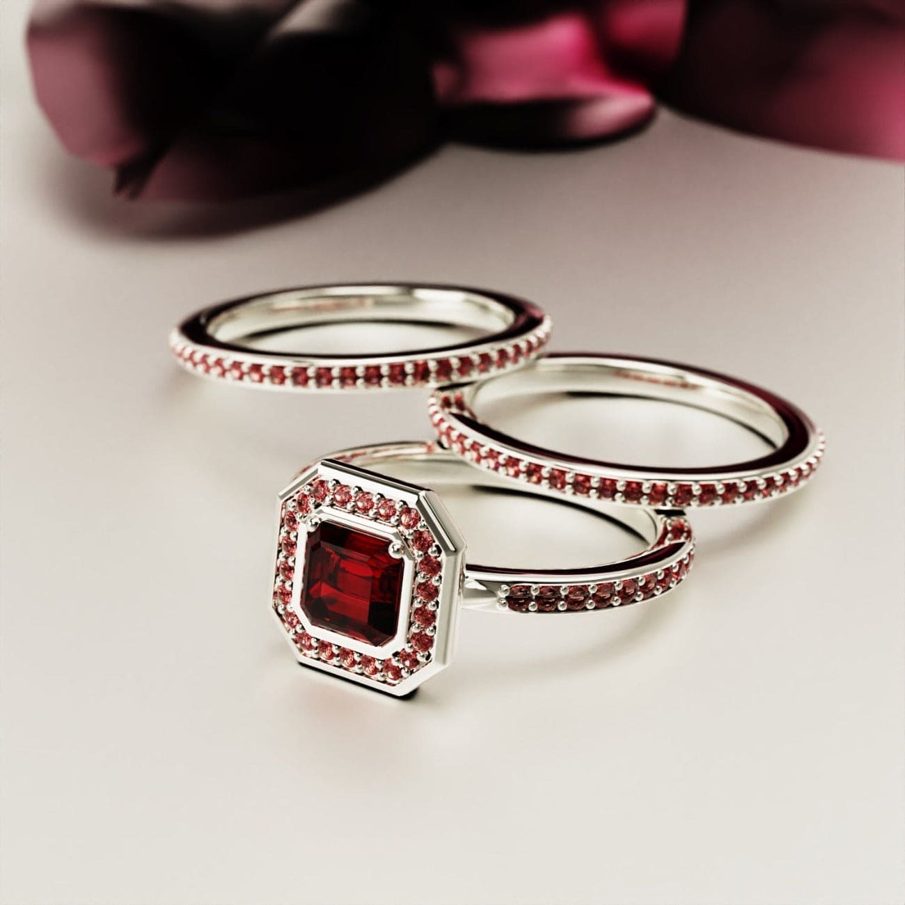 Dévotion : Ensemble Bague Halo Grenat Taille Émeraude - Argent Sterling S925