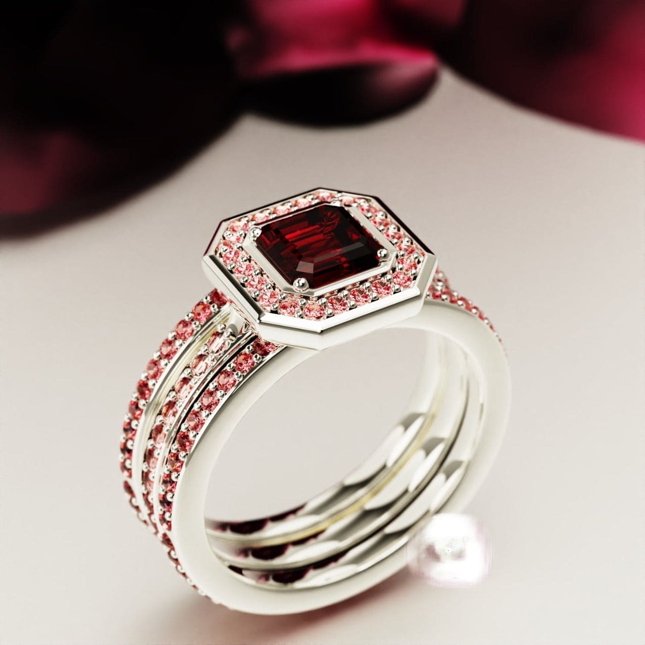Dévotion : Ensemble Bague Halo Rubis Taille Émeraude - Argent Sterling S925