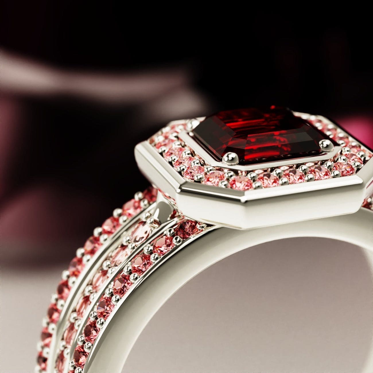Dévotion : Ensemble Bague Halo Grenat Taille Émeraude - Argent Sterling S925