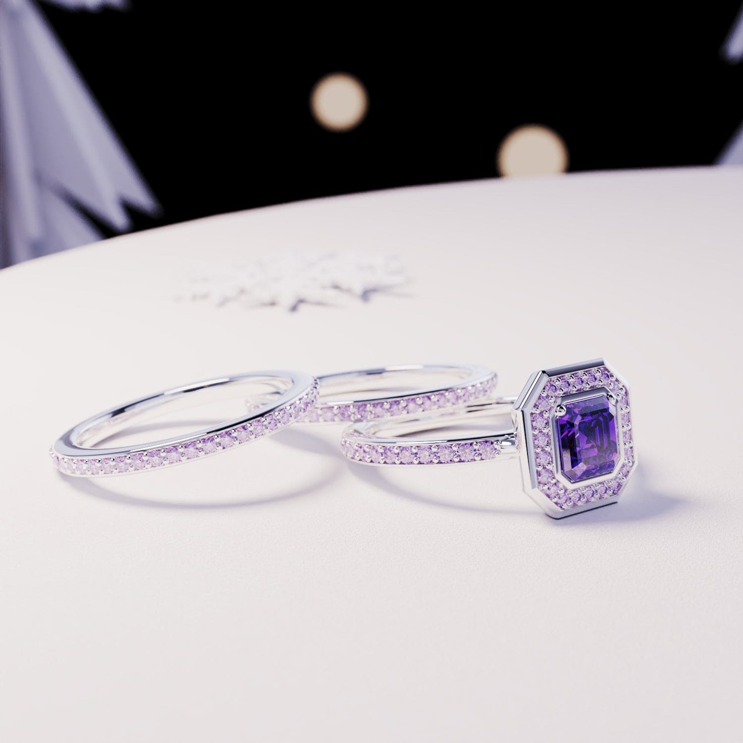 Dévotion : Ensemble de bagues 3en1 améthyste taille émeraude - Argent Sterling S925