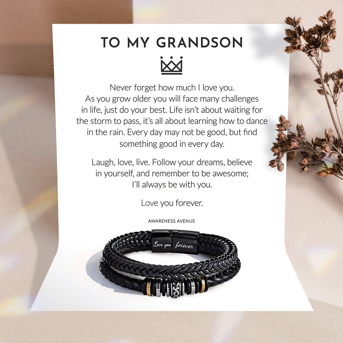À mon petit-fils | Je t'aime pour toujours | Bracelet en cuir tressé