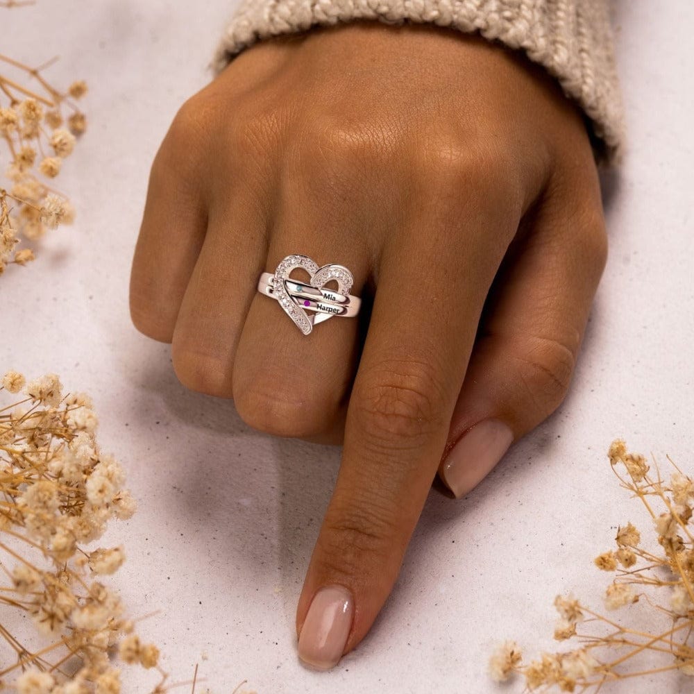 Bague Cœur Personnalisée Famille Argent 925 | 1-7 Noms & Pierres de Naissance