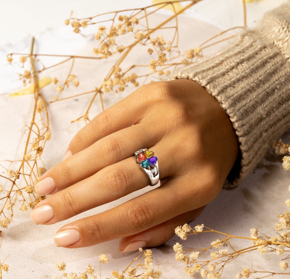 Bague trèfle personnalisée S925 Fête des Mères avec pierres de naissance
