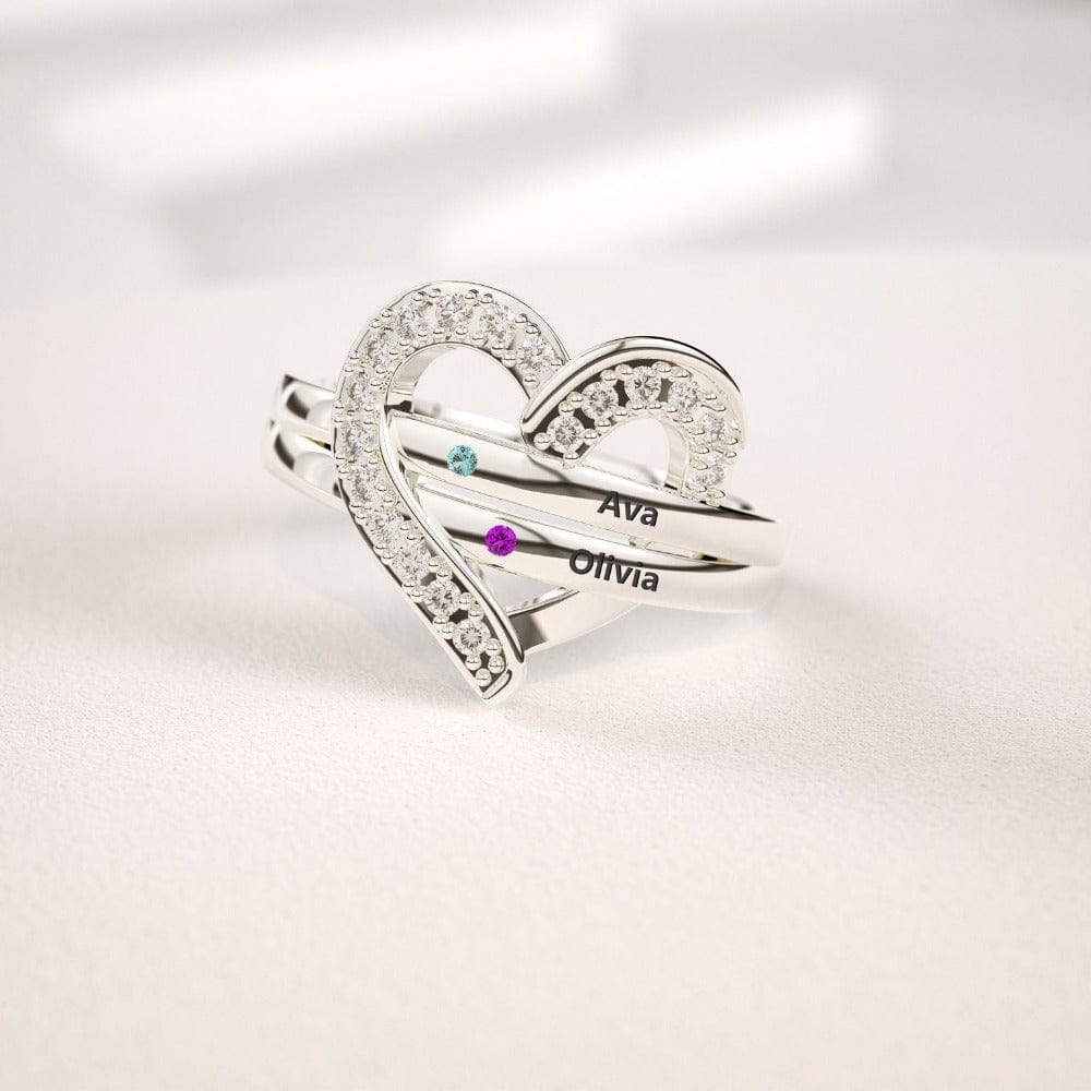 Bague Cœur Personnalisée Famille Argent 925 | 1-7 Noms & Pierres de Naissance